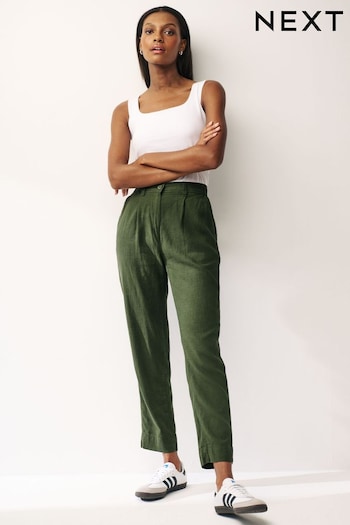 Khaki Green Linen Blend Taper Trousers pentru (539501) | £22