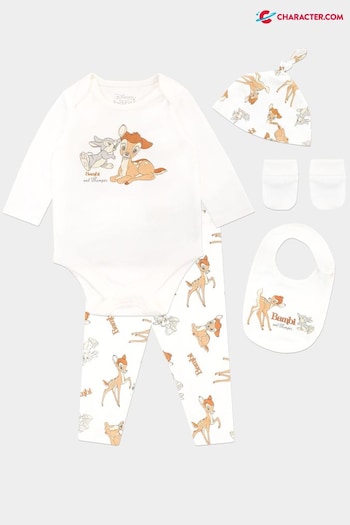 Character White Bambi 4 Piece Baby Sleepsuit Bodysuit Hat And Bib Set (540913) | £28
