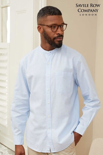 Savile Row Company Light Blue Linen Cotton Grandad Collar Shirt (541303) | £50