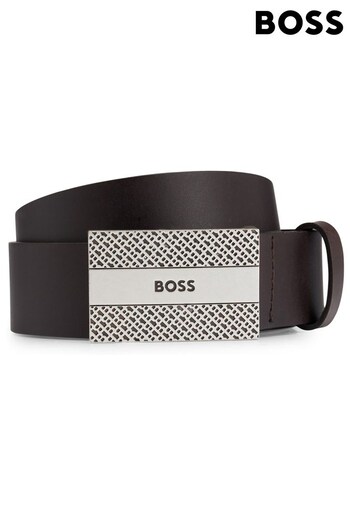 BOSS Brown Leather Belt With Logo and Monogram Plaque Buckle (541668) | £89