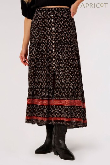 Apricot Black Batik Floral Border Button Skirt (541771) | £35