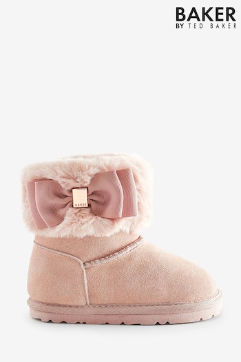 Baker by Ted Baker Girls Pink Faux Fur Cuff Boot Slippers with Bow (541858) | £30