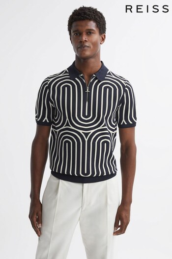 Reiss Navy/White Maycross Half-Zip Striped Polo T-Shirt (542055) | £110