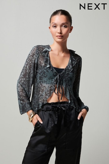 Teal Blue Snake Print Mesh Tie Front Ruffle Long Sleeve Blouse (542353) | £38