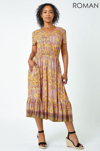 Roman Yellow Petite Paisley Frill Midi Dress (542535) | £45
