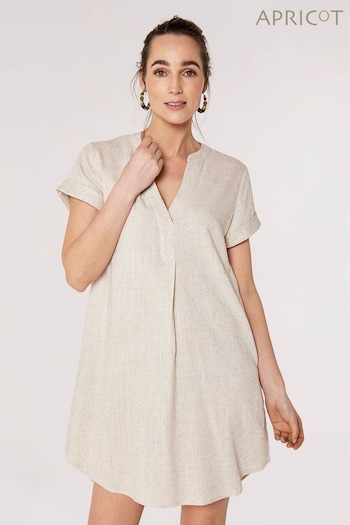 Apricot Cream Front Pleat V-Neck Linen Mix Dress (543468) | £35