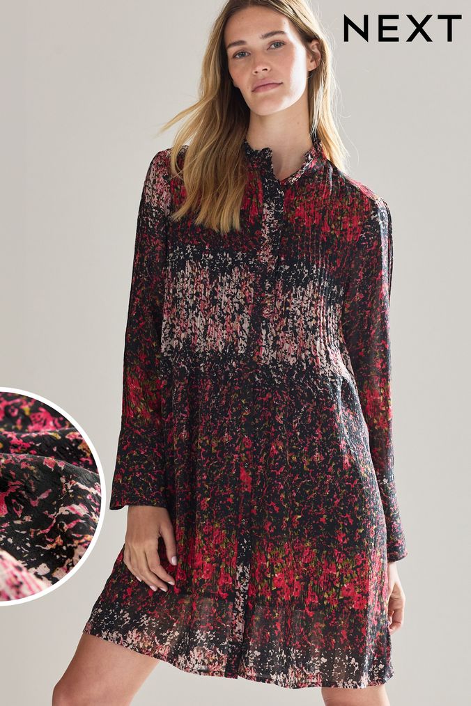Black Based Red And Pink Smudge Floral Pintuck Long Sleeve Mini Dress (543973) | £36