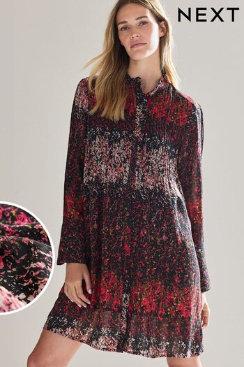 Red/Black Floral Pintuck Long Sleeve Mini Dress (543973) | £36