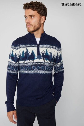 Threadbare Blue 1/4 Zip Christmas Knitted Jumper (544333) | £24
