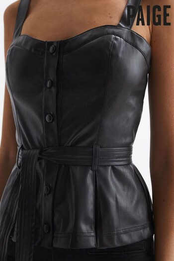 Reiss Black Indeya Paige Leather Look Belted Top (544356) | £210