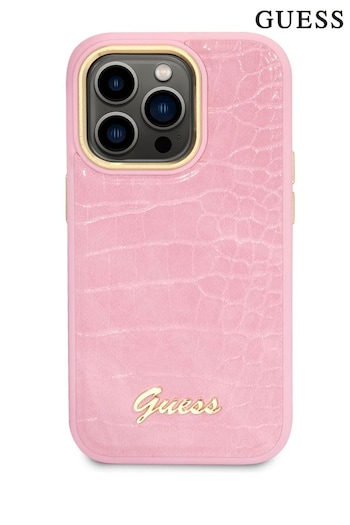 Guess Pink iPhone 14 Pro Pu Croco Case with Metal Camera Outline (544428) | £40