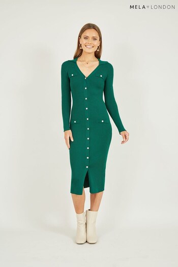Mela Green Knitted Fitted Midi Dress Print With Buttons (544478) | £40