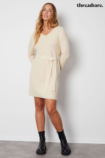 Threadbare White V-Neck Belted Knitted Jumper Dress (544633) | £30