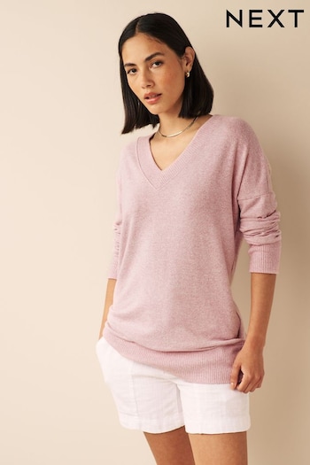 Blush Pink Cosy Lightweight Soft Touch Longline V-Neck Jumper Top (544713) | £26