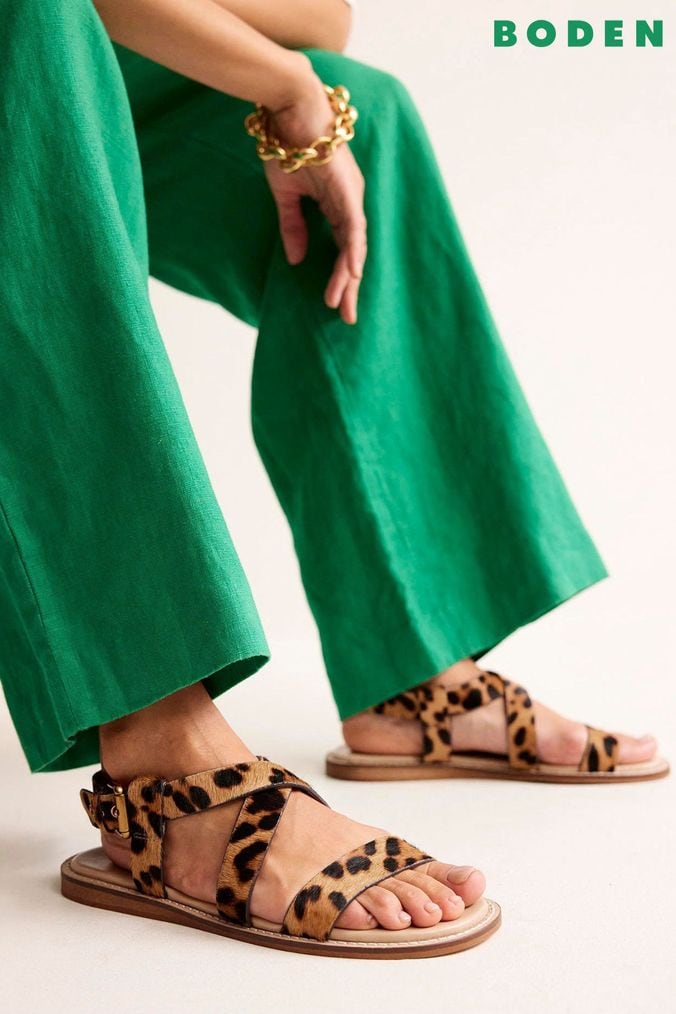 Buy Women s Flat Animal Print Leather Sandals Online Next UK