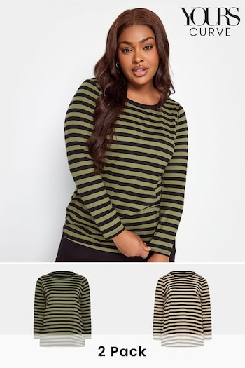 Yours Curve Green Longsleeve Stripe T-Shirts 2 Packs (545019) | £29