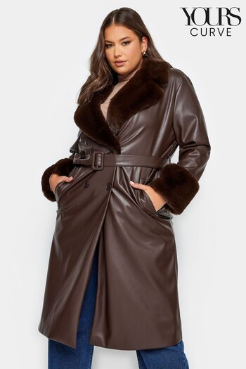 Yours Curve Brown PU Fur Trim Trench Coat (545067) | £80