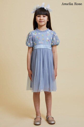Amelia Rose Blue Childrens Embroidered Dress (545120) | £70