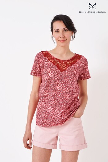 Crew Clothing Company Berry Red Floral Print Cotton Casual Jersey Top (545478) | £45