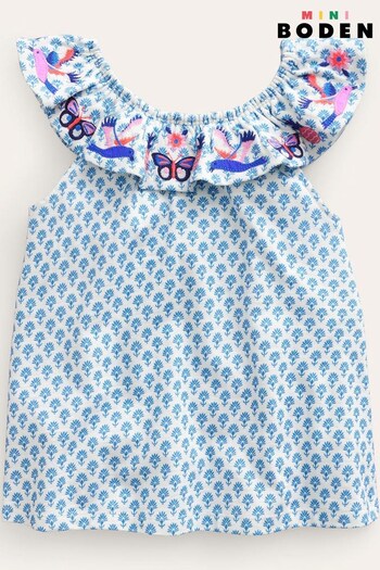 Boden Blue Frill Embroidered Top (546025) | £23 - £27