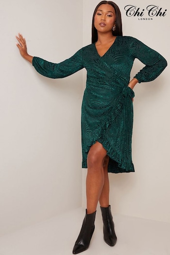Chi Chi London Green Plus Size Long Sleeve Animal Devore Wrap Dress (546370) | £68