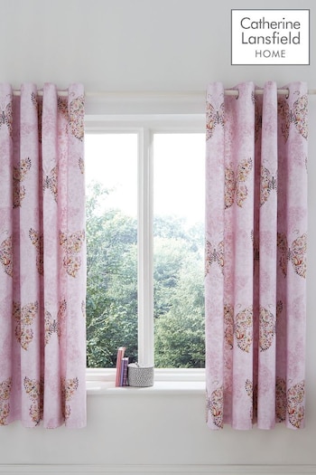 Catherine Lansfield Pink Enchanted Butterfly Reversible Lined Eyelet Curtains (546536) | £45