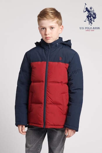 U.S. Black Polo Assn. Boys Red Colour Block Puffer Jacket (546750) | £70 - £90