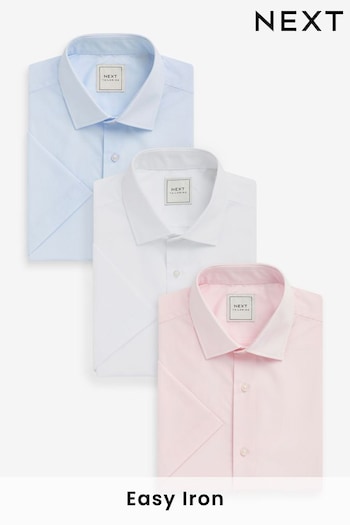 White/Blue/Pink Slim Fit Short Sleeve Crease Resistant Single Cuff Shirts 3 Pack (546830) | £48