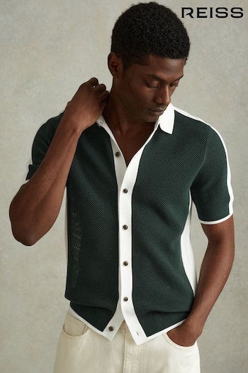 Reiss Green/Optic White Misto Cotton Blend Open Stitch Shirt (546951) | £110