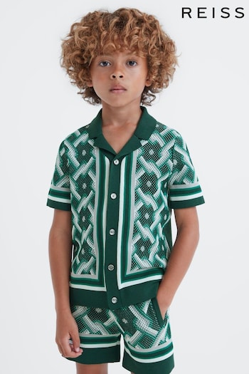 Reiss Green Multi Hyde Knitted Cuban Collar Button-Through Shirt (546957) | £42