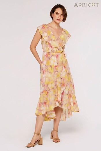Apricot Pink/Yellow Multi Blurred Floral Ruffle Wrap Dress (547112) | £35