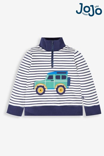 JoJo Maman Bébé Ecru/Navy Stripe 4x4 Car Boys' Car Appliqué Half Zip Sweatshirt (547293) | £12