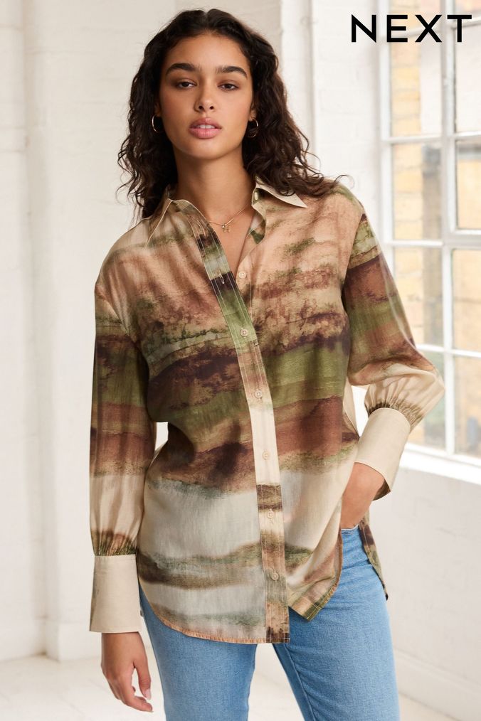 Buy Women s Shirts Green Casual Print Tops Online Next UK