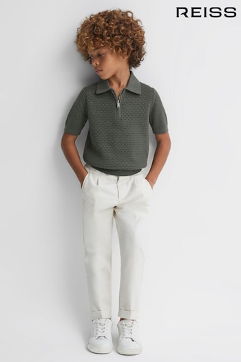 Reiss Dark Sage Burnham Textured Half-Zip Polo T-Shirt (547522) | £40