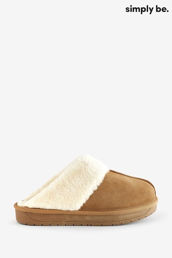 Simply Be Chestnut Suede Slippers in Wide Fit (547930) | £25