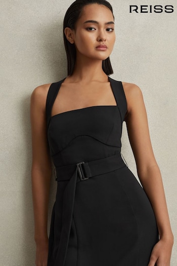 Reiss Black Nylah Cross-Back Belted Bodycon Midi Dress (548019) | £228