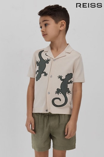 Reiss Stone/Green Reggie Knitted Reptile Cuban Collar Shirt (548030) | £46