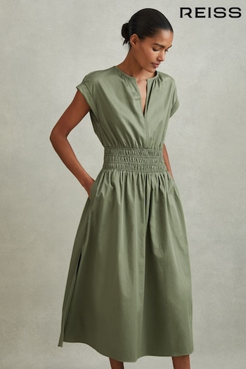 Reiss Green Lena Cotton Ruched Waist Midi Dress (548318) | £148