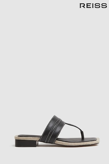 Reiss Black Quinn Leather Strap Thong Sandals (548735) | £148
