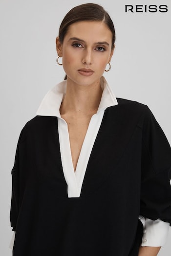 Reiss Black/White Aspen Oversized Cotton Open Collar Jumper (548872) | £118