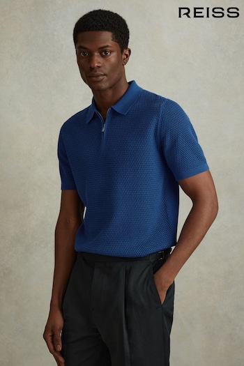 Reiss Bright Blue Burnham Cotton Blend Textured Half Zip Polo Shirt (548911) | £98