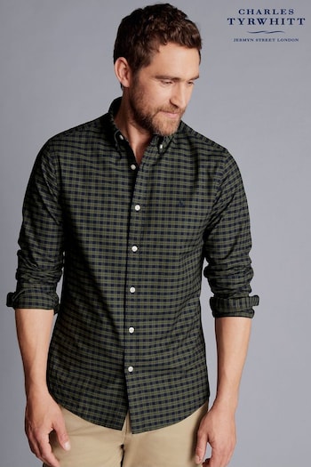 Charles Tyrwhitt Green Check Classic Fit Button-down Washed Oxford Shirt (549051) | £60