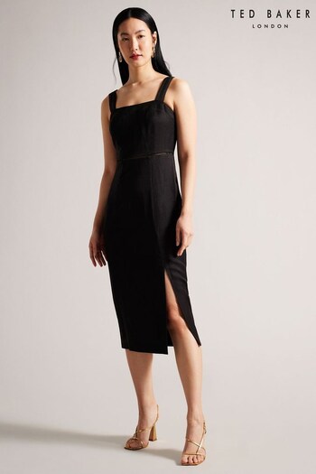 Ted Baker Janiise Square Neck Pencil Black Dress With Embroidery (549094) | £175