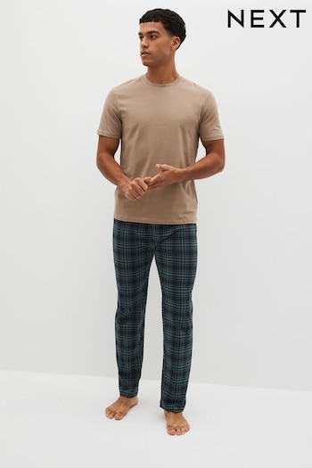 Stone Natural/Navy Blue/Green Check Cotton Pyjamas Set (549173) | £24