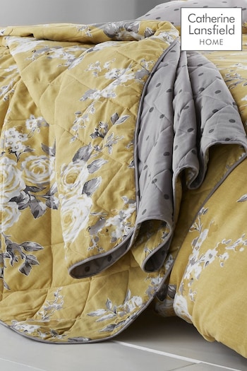Catherine Lansfield Ochre Yellow Reversible Canterbury Floral Quilted Bedspread (549362) | £50