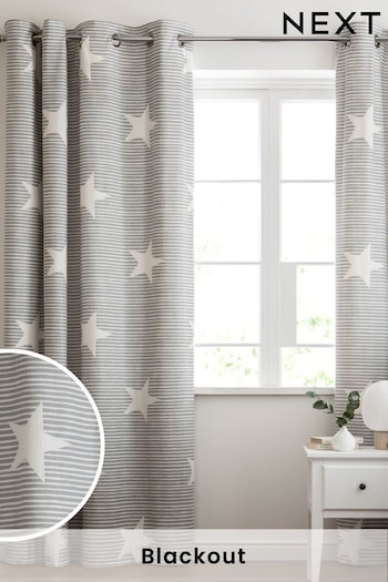 Grey Brushed Star Stripe Blackout Eyelet Curtains (549638) | £55 - £100