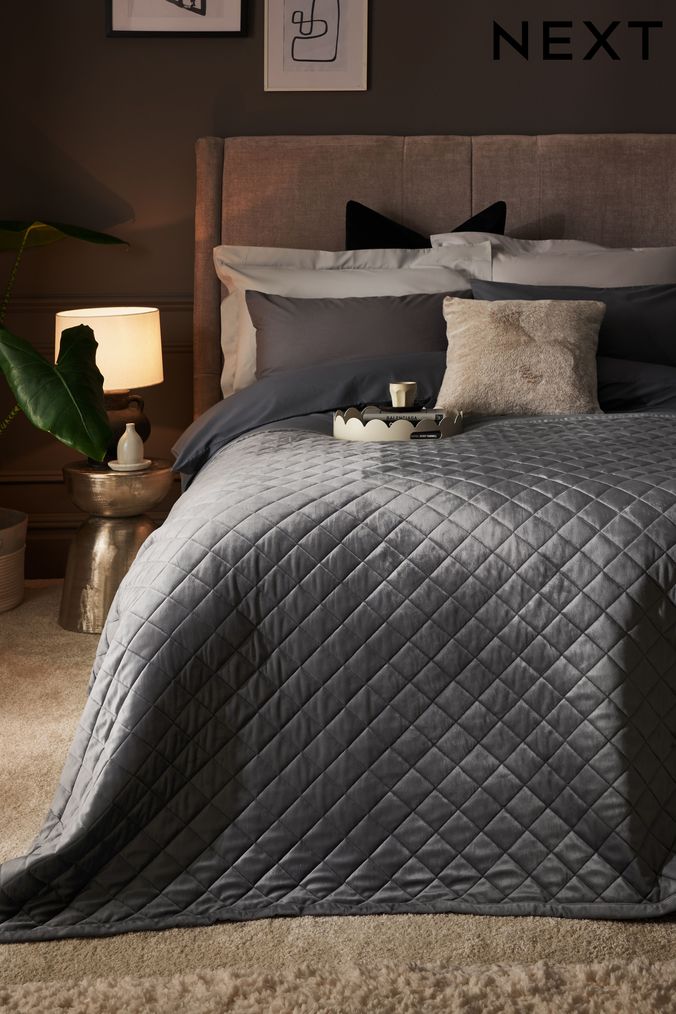 Charcoal Grey Hamilton Velvet Quilted Bedspread (549834) | £60 - £100