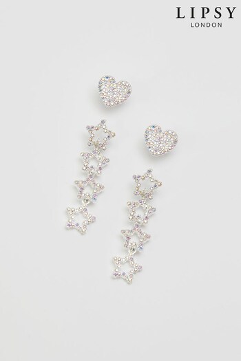 Lipsy Jewellery Silver Tone Aurora Borealis Heart Stud And Star Drop Earrings - Pack of 2 (549869) | £18