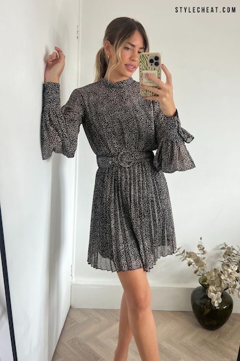 Style Cheat Black Pebble Print Mia High Neck Pleated Mini Dress (549879) | £60
