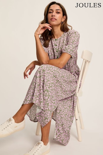 Joules Adele Green & Pink Floral Button Down Midi Dress with Slit (550434) | £54.95